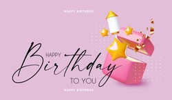 Happy Birthday! Celebration design template with open gift box, rocket firework and stars