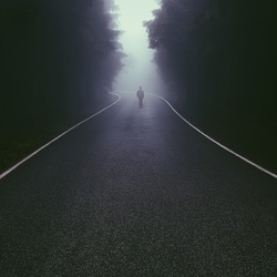 Lonely man walking down the foggy forest road