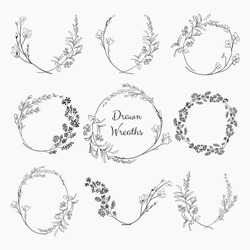 Set of 9 Black Doodle Hand Drawn Decorative Outlined Wreaths with Branches, Herbs, Plants, Leaves and Flowers, Florals. Vector Illustration. Frames, Circles