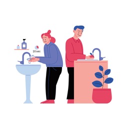 Flat illustration of a woman washing hands and a man washing fruits. Covid-19 prevention. 