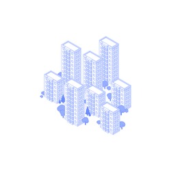Monochrome line art isometric high-rise residential area illustration. big condo yard with trees around