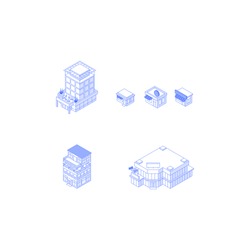 Set of isometric objects. Monochrome line art city buildings collection. Hotel theatre office building mall shops cafes