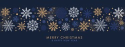 Merry Christmas and Happy New Year festive design with border made of beautiful snoflakes in modern line art style. Winter dark blue background with falling snow. Xmas decoration. Vector illustration.