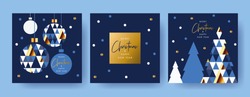 Merry Christmas and Happy New Year Set of greeting cards, posters, holiday covers. Modern Xmas design with triangle firs pattern in blue, gold, white colors. Christmas tree, ball, decoration elements