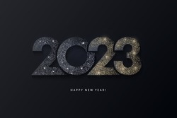 Happy New Year modern design with 2023 logo made of glittering black and gold numbers on night sky background. Minimalistic trendy background for branding, banner, cover, card
