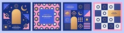 Ramadan Kareem poster, holiday cover set. Islamic greeting card, banner template. Arabic text translation Ramadan Kareem. Modern beautiful design with geometric style pattern in blue, gold, pink color