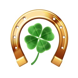 Vector realistic golden horseshoe with quatrefoil clover isolated on a white background. Symbol of luck