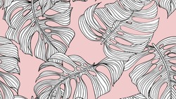 Floral seamless pattern, black and white split-leaf Philodendron plant on pink background, line art ink drawing