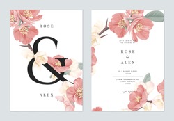 Floral wedding invitation card template design, pink Japanese quince flowers with ampersand lettering on white, pastel vintage theme