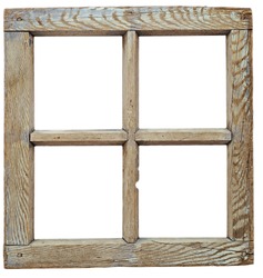 Very old grunge wooden window frame isolated in white