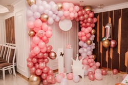 Wedding arch made of colorful inflatable balloons. Celebration of a children's party. arch made with balloons
