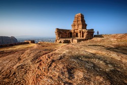View of Upper Shivalaya on the top of northern rocky hill in Badami, Karnataka, India. It is unesco heritage site and place of amazing chalukya dynasty sotne art.