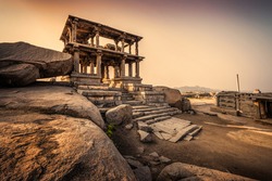 Beautiful ancient architecture of temples on Hemakuta Hill in Hampi from 14th Century Vijayanagara Kingdom. Hampi is a UNESCO world heritage site. Hampi, Karnataka, India.