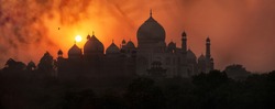 Agra, Uttar Pradesh, India, January 18, 2011 : A panoramic view of the Taj Mahal at the time of sunset,