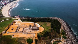 Arial view of Shore Temple of Mahabalipuram. The Shore Temple is so named because it overlooks the shore of the Bay of Bengal. It is located near Chennai in Tamil Nadu.