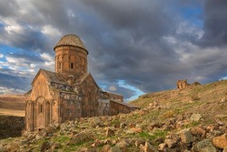 Ani site of historical cities (Ani Harabeleri): first entry into Anatolia, an important trade route Silk Road in the Middle Agesand. Historical Church and temple at sunset in Ani, Kars, Turkey.