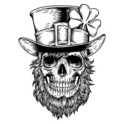 Happy saint patrick day. Irish celtic Leprechaun skull with hat, beard and clover leaf. Design for poster, t-shirt, cover, emblem, sign, tattoo. Hand draw vector skull illustration black on white