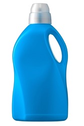 Blue plastic bottle with a handle isolated on a white background. Container for household chemicals or cleaning products with a place for a logo or label. Collage layout. Front view. Studio