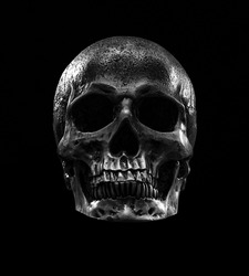 Shot of human skull with neon lights isolated over black background