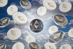 Ethereum coins over blue sky