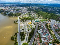 Aerial view of the center of Da Lat city which is a very famous destination for tourists.