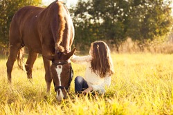 Young girl sitting next to the sorrel horse on the yellow grass
