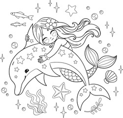 Cute mermaid hugging a
dolphin. Vector outline for coloring page