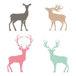 Various silhouettes of deer isolated on white background, christmas deers
