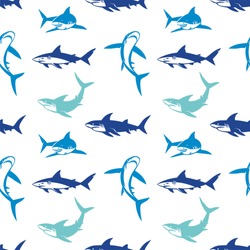 Sharks silhouettes seamless pattern. Elegant seamless pattern with abstract shark symbols, design elements. Can be used for invitations, greeting cards, print, gift wrap, manufacturing.