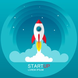 Startup - flat design. Rocket launch and smoke. Startup project concept.  Vector illustration. EPS10