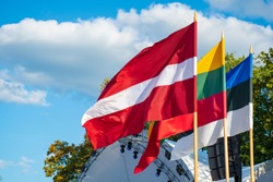 Latvian, Lithuanian and Estonian flags waving together, Latvia, Lithuania, Estonia, Baltic countries, united, independent, Baltics are members of European Union and NATO defense force