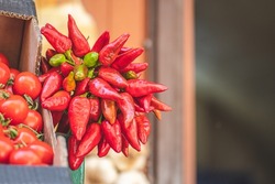 Bunch of red hot chili peppers hanging in a street food market, close up