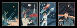 Space and Science! Retro Style Propaganda Posters and Illustrations. Astronauts, Space Rockets, Planets