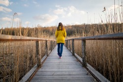 Behind a single Caucasian woman walking on a long wooden bridge near a beautiful reed-covered lake and deciduous forest during sunset. Young girl walking along the path alone towards unknown places.