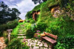 bilbo baggins home and hobbit garden in hobbiton movie set, new zealand. Taken during summer.