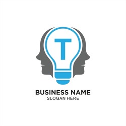 Concept logo of two twin human heads with lights and the initial letter T for the brand