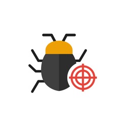 Bug in target vector icon, Malware bug in target symbol, Network Vulnerability - Virus, Malware, Ransomware, Fraud, Spam, Phishing, Email Scam, Hacker Attack - IT Security Concept Design, Vector illus