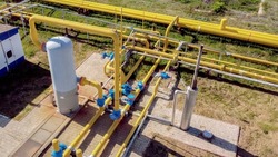 Gas supply. Underground gas storage. Installation of purification and gas preparation. Photo from a quadrocopter.