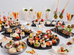 Mini snacks on a white background. Cold appetizer. On a black serving board. Snacks for public catering . Catering. Buffet table. Catering.