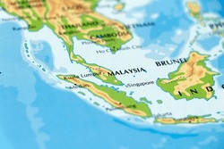 world map or atlas of asia continent and indonesia, malaysia, singapore in close up