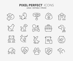 Thin line icons set of pets and veterinary. Outline symbol collection. Editable vector stroke. 64x64 Pixel Perfect.
