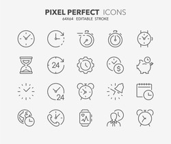 Thin line icons set of time and clocks. Outline symbol collection. Editable vector stroke. 64x64 Pixel Perfect.