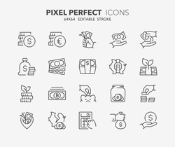 Thin line icons set of money, coins and finances. Outline symbol collection. Editable vector stroke. 64x64 Pixel Perfect.