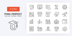 Set of thin line icons of academic subjects and education. Outline symbol collection. Editable vector stroke. 256x256 Pixel Perfect scalable to 128px, 64px...