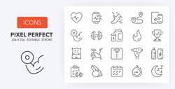 Fitness, gym and health care thin line icon set. Outline symbol collection. Editable vector stroke. 256x256 Pixel Perfect scalable to 128px, 64px...