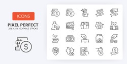 Money, coins and finances thin line icon set. Outline symbol collection. Editable vector stroke. 256x256 Pixel Perfect scalable to 128px, 64px...