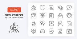 Love and valentine's day. Thin line icon set. Outline symbol collection. Editable vector stroke. 256x256 Pixel Perfect scalable to 128px, 64px...