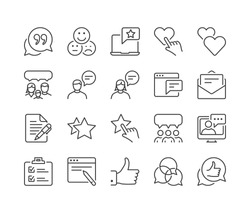 feedback and testimonials thin line icon set, black color, isolated