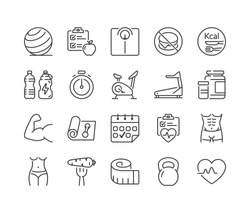 fitness and health thin line icon set, black color, isolated