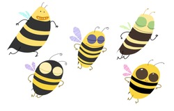 Set of five cute busy bees, flying, running, jumping somewhere. Vector cartoon illustration.